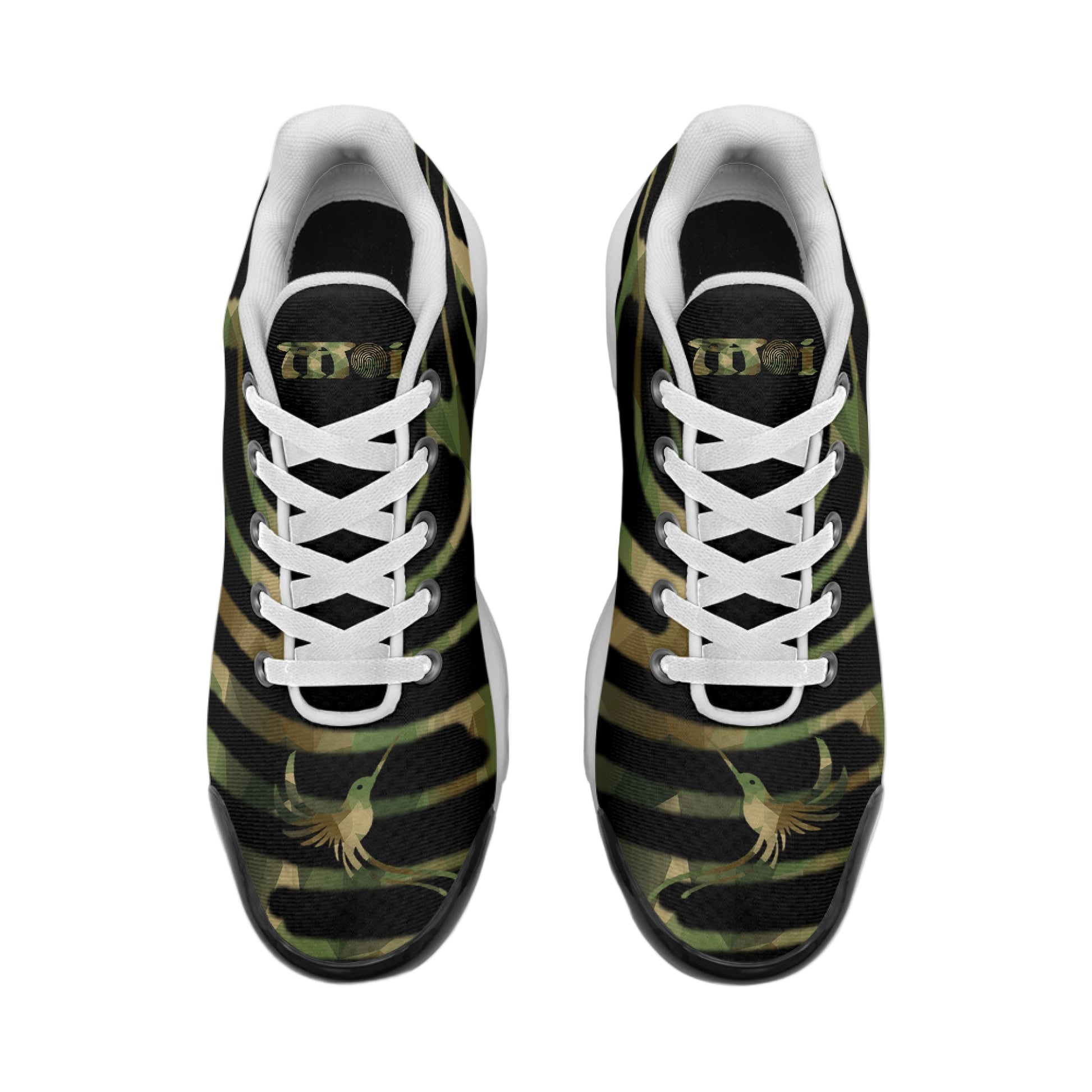 Black and green patterned shoes with white laces on a white background