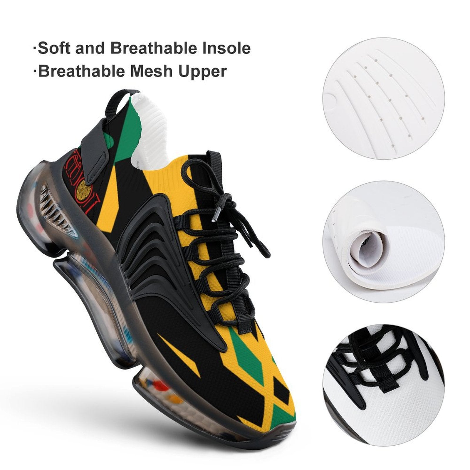 Colourful sneaker with soft and breathable insole and mesh upper features on a white background