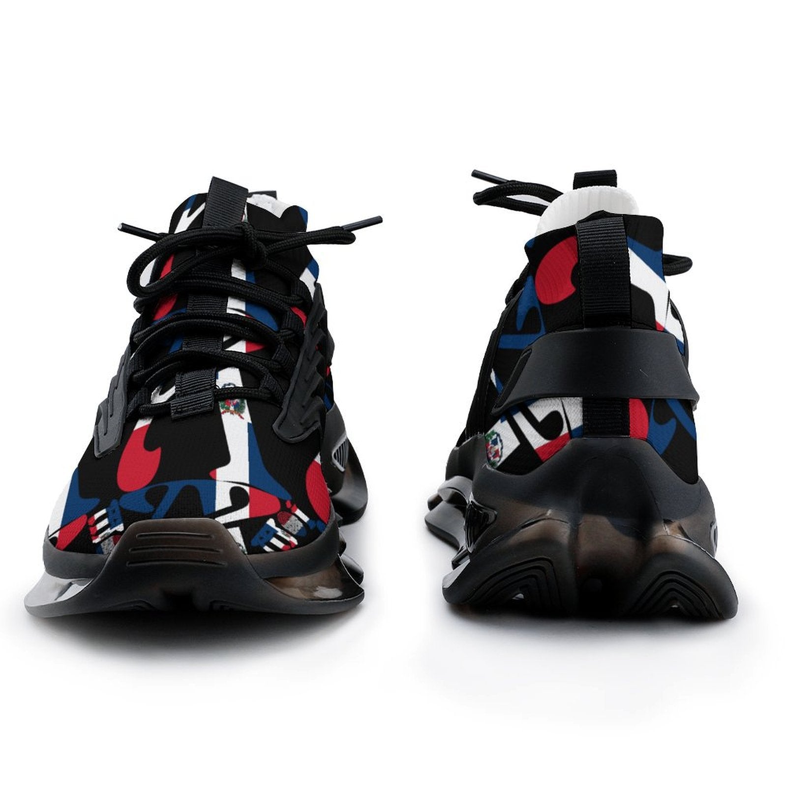 Colourful high-top sneakers with a geometric pattern on a white background