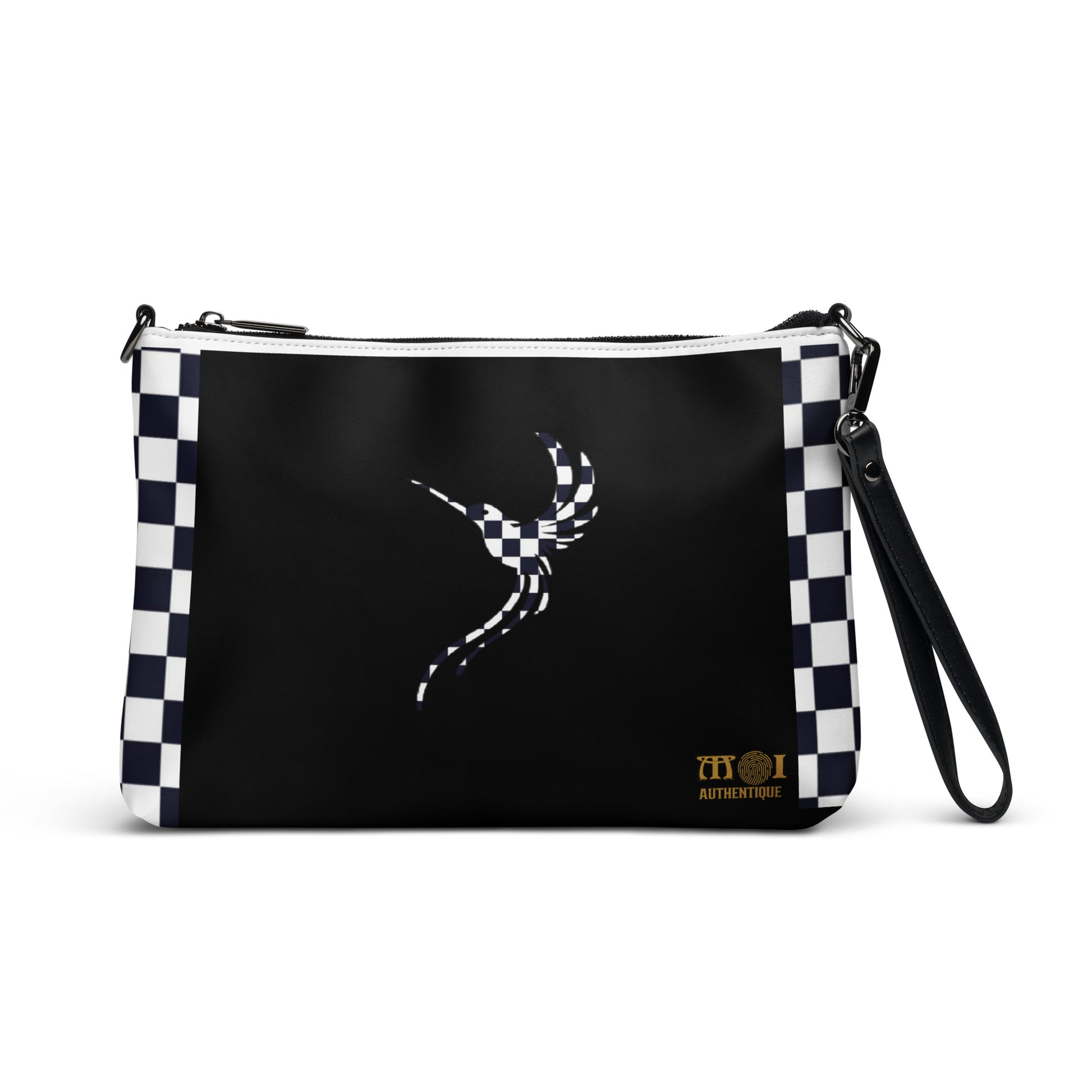 A black and white checkered faux leather crossbody bag with a distinctive logo on the front 