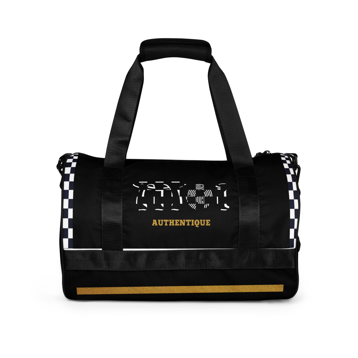 A two-tone, ska-inspired black and yellow gym duffel bag featuring checkered design details and the brand name 'Moi Authentique' displayed prominently.