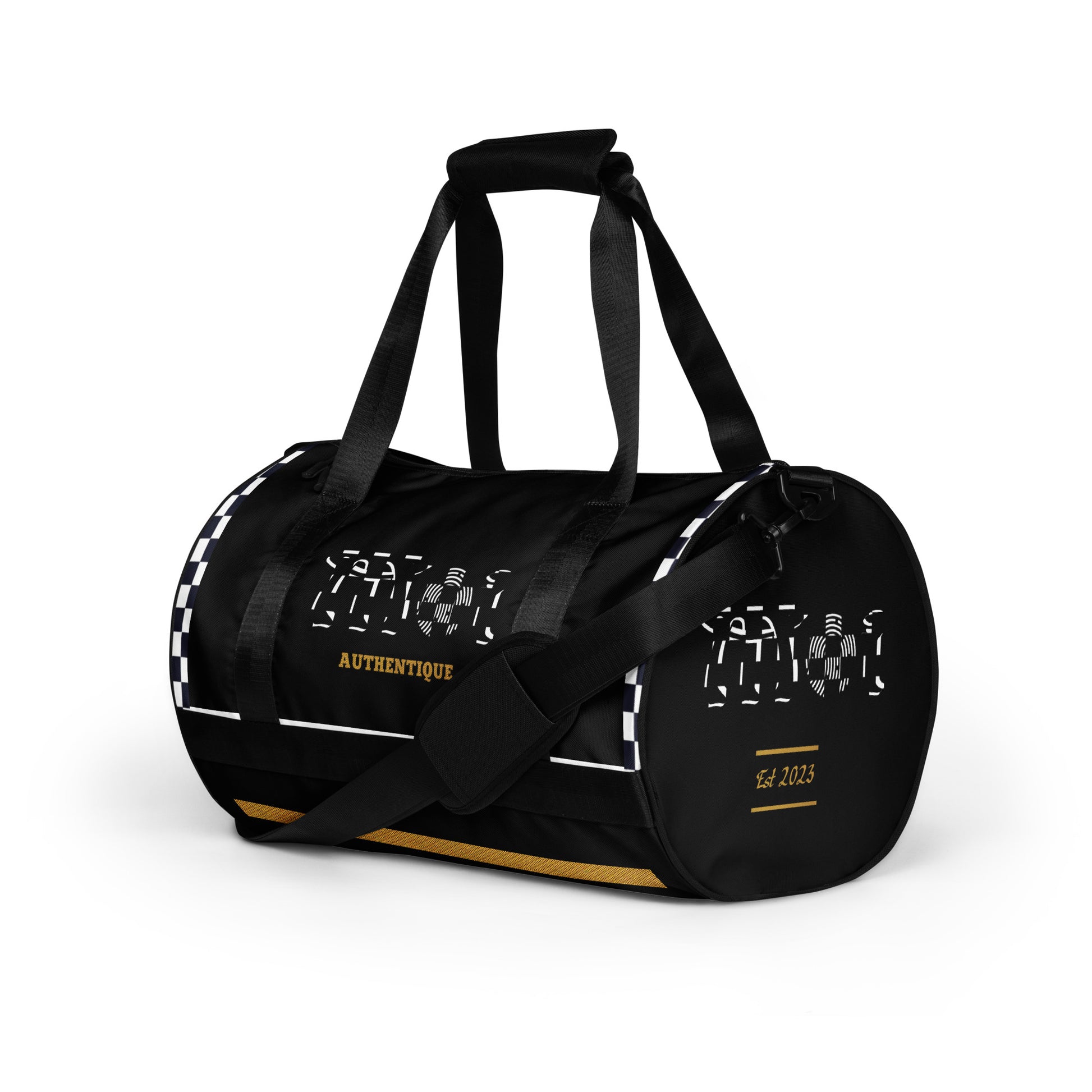 A two-tone, ska-inspired black and yellow gym duffel bag featuring checkered design details and the brand name 'Moi Authentique' displayed prominently.