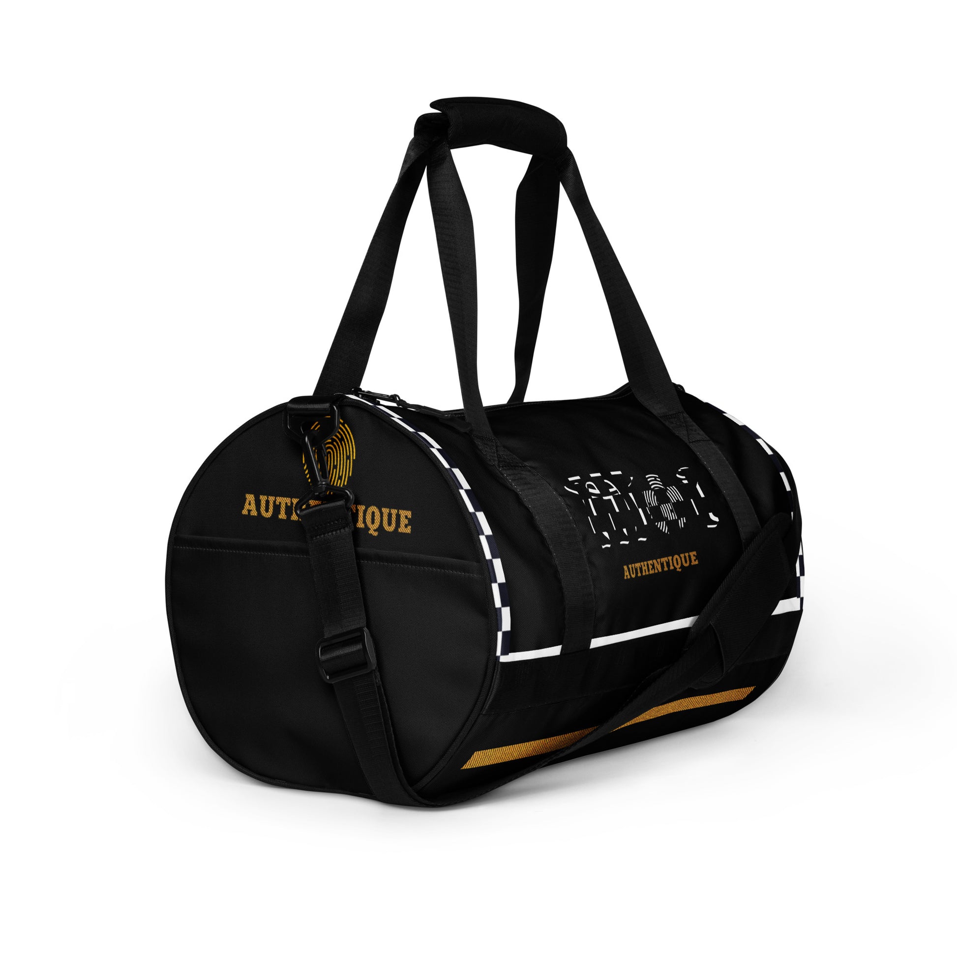 A two-tone, ska-inspired black and yellow gym duffel bag featuring checkered design details and the brand name 'Moi Authentique' displayed prominently.