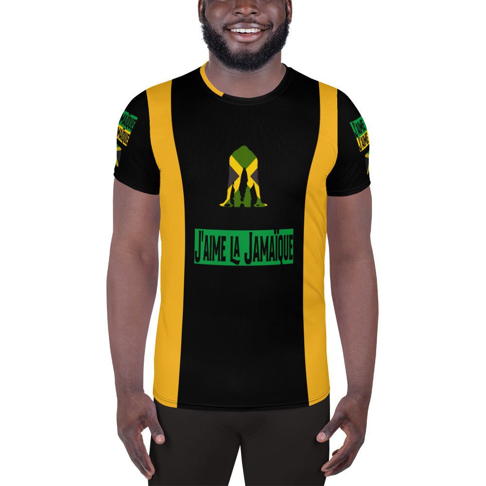 A man wearing a short-sleeved men's athletic t-shirt with a graphic that says 'I love Jamaica' and features a green and yellow colour scheme, representing the flag of Jamaica.