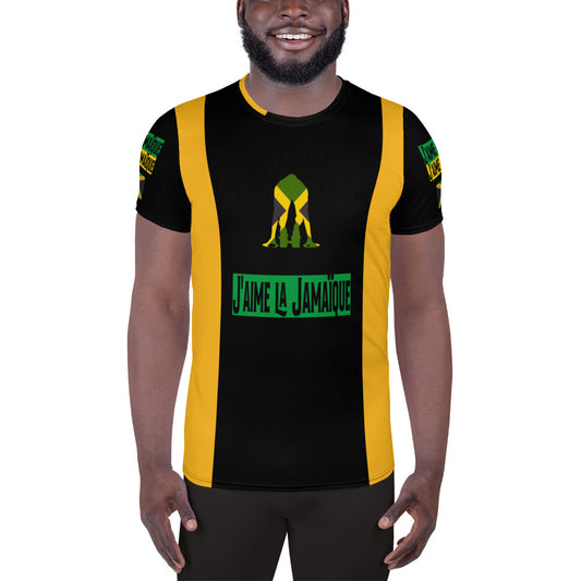 A man wearing a short-sleeved men's athletic t-shirt with a graphic that says 'I love Jamaica' and features a green and yellow colour scheme, representing the flag of Jamaica.