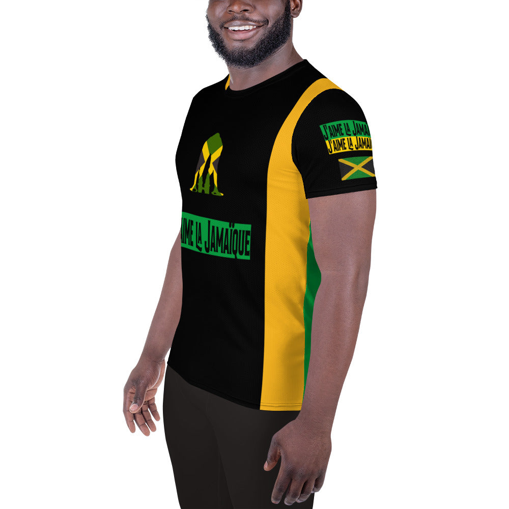 Side view of a man wearing a short-sleeved men's athletic t-shirt with a graphic that says 'I love Jamaica' and features a green and yellow colour scheme, representing the flag of Jamaica.