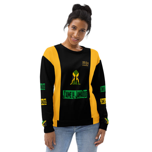 A woman wearing a black and yellow long-sleeve unisex sweatshirt with text and a graphic representing Jamaica.