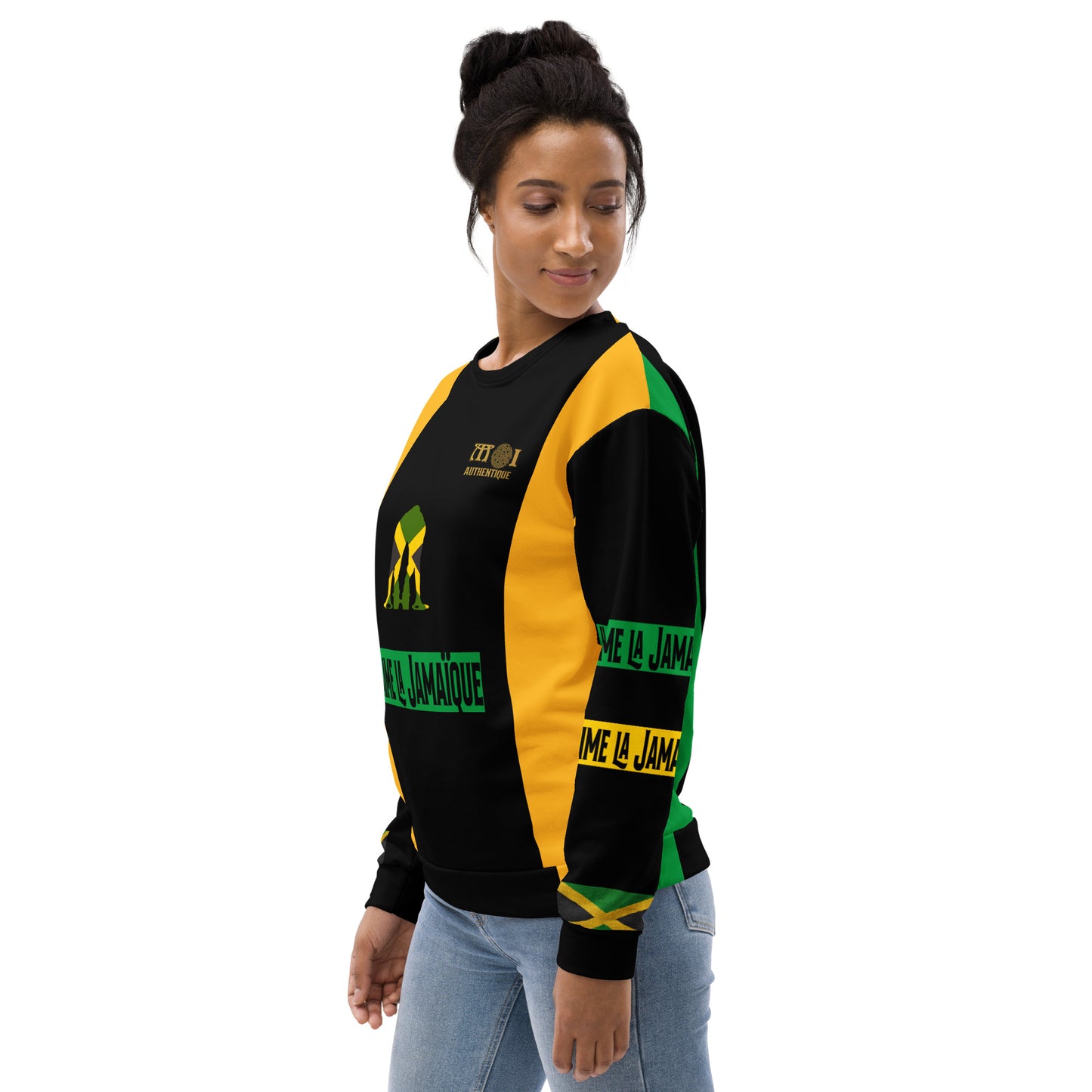 Side view of a woman wearing a black and yellow long-sleeve unisex sweatshirt with text and a graphic representing Jamaica.