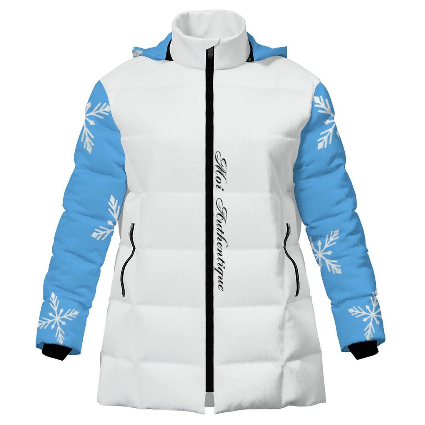 White puffer jacket with blue sleeves and snowflake patterns on a white background