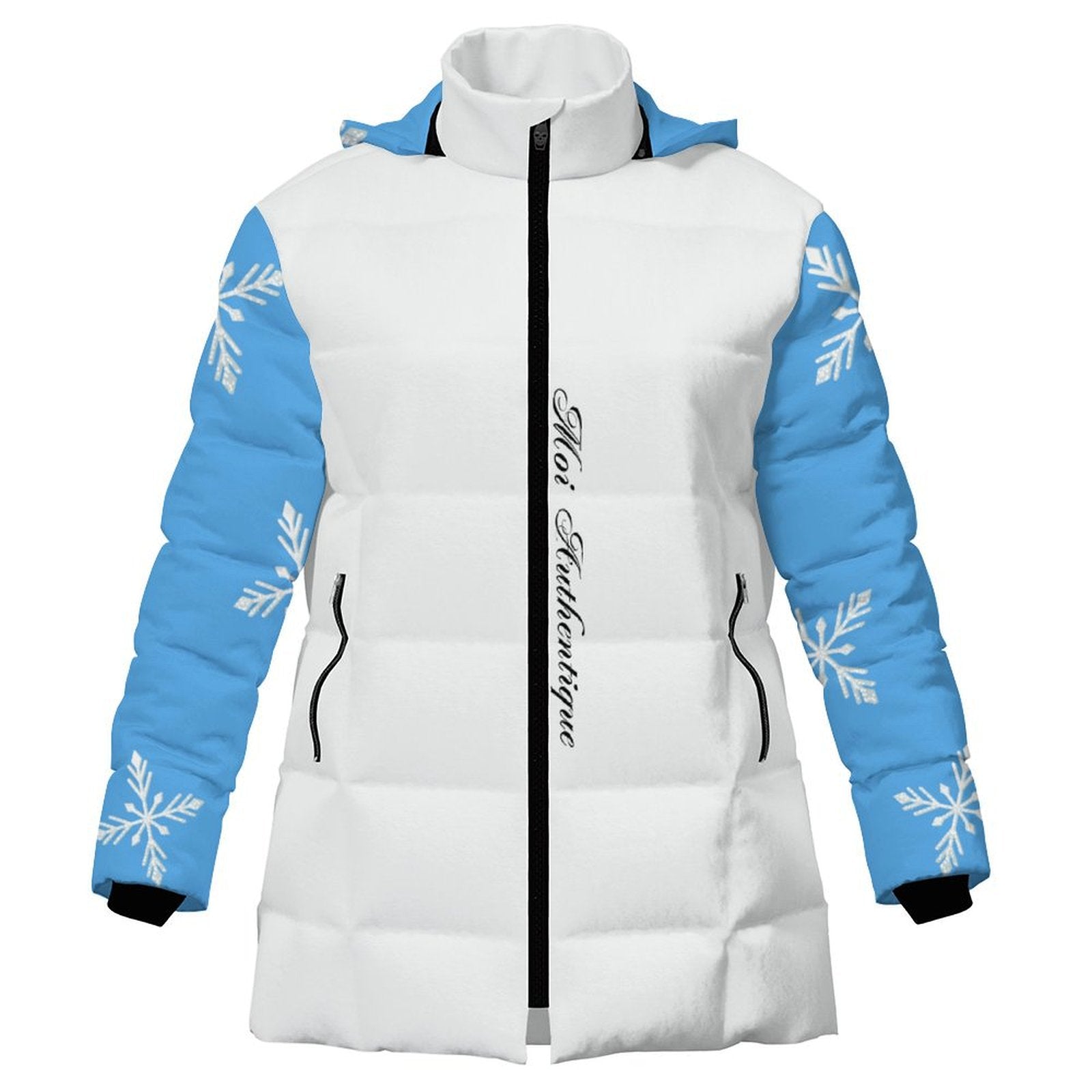 White puffer jacket with blue sleeves and snowflake patterns on a white background