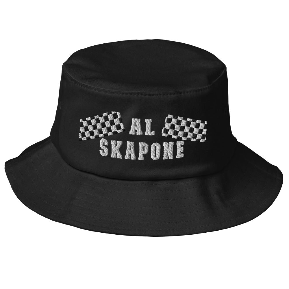 A black Al Skapone embroidered bucket hat with a vintage ska and two-tone music style logo.
