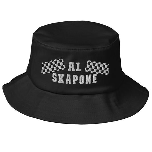 A black Al Skapone embroidered bucket hat with a vintage ska and two-tone music style logo.