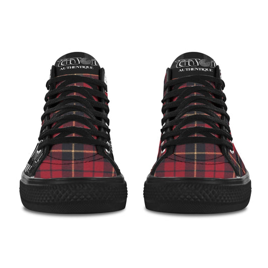 Red and black plaid high-top sneakers with black accents on a white background