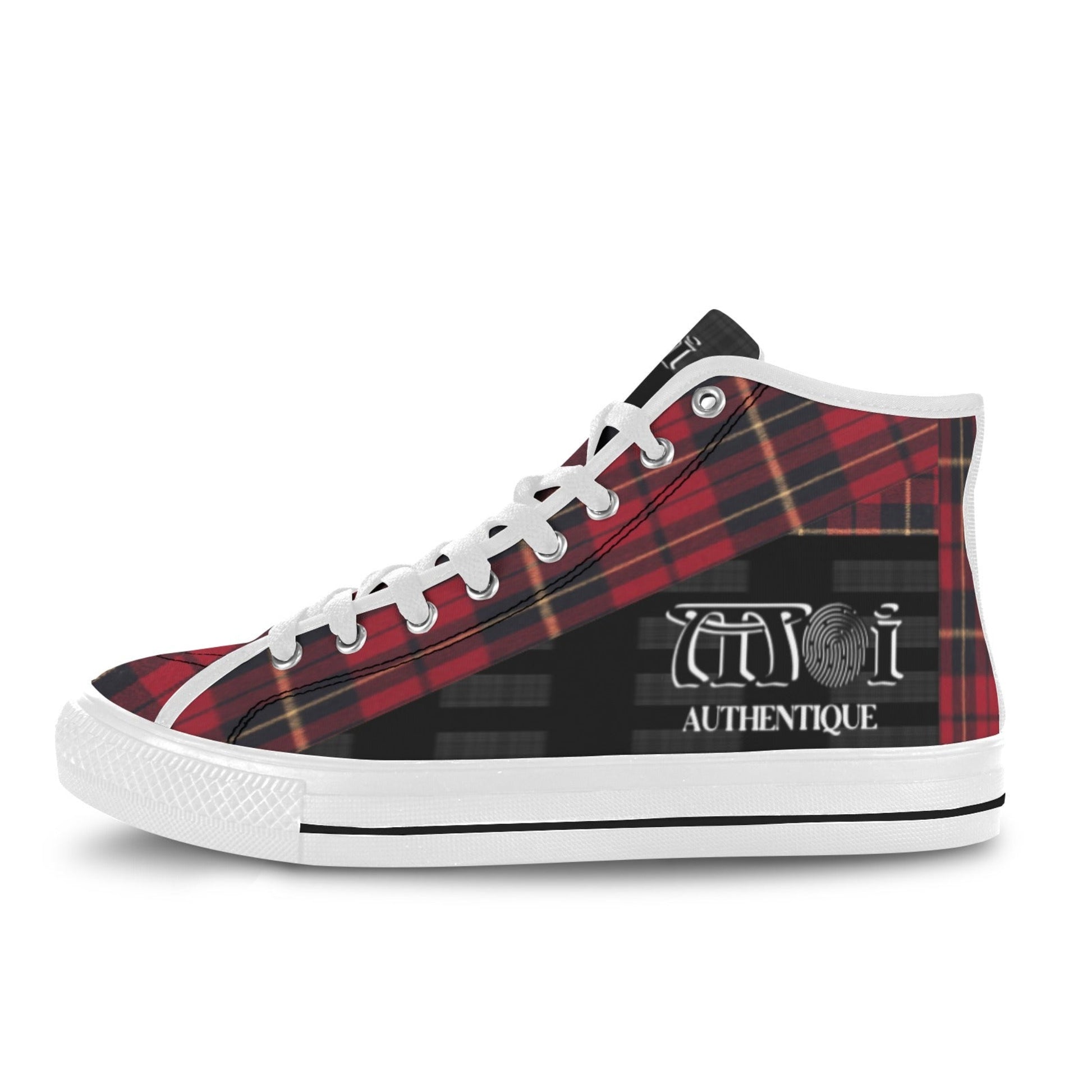Red and black plaid high-top sneaker with white laces on a white background