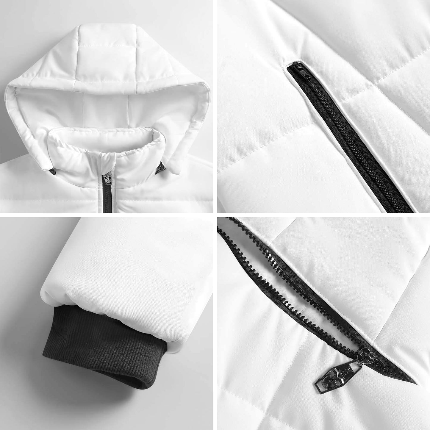 Close-up details of a white jacket with a zipper on a light gray background