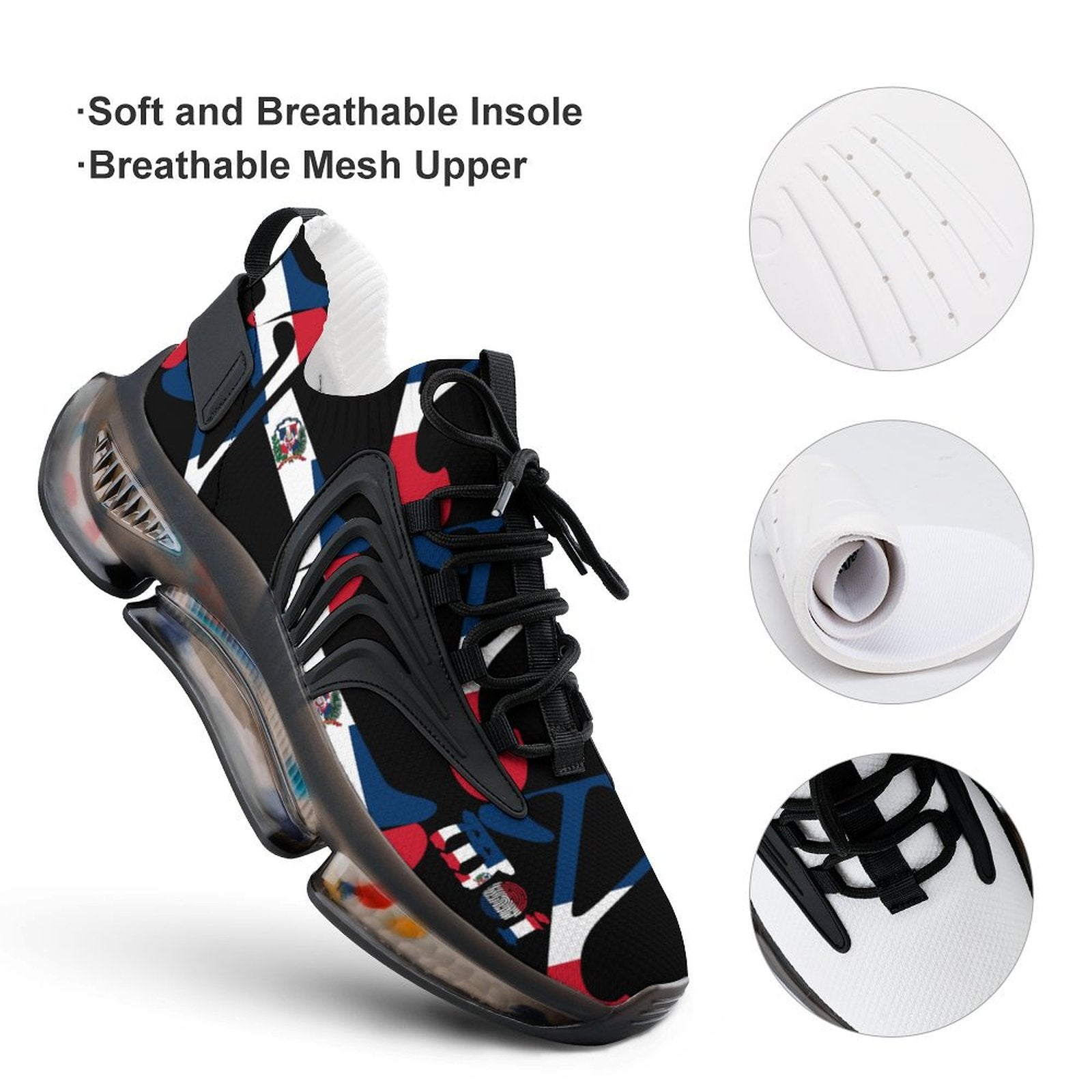 Colourful sneaker with soft and breathable insole and mesh upper on a white background