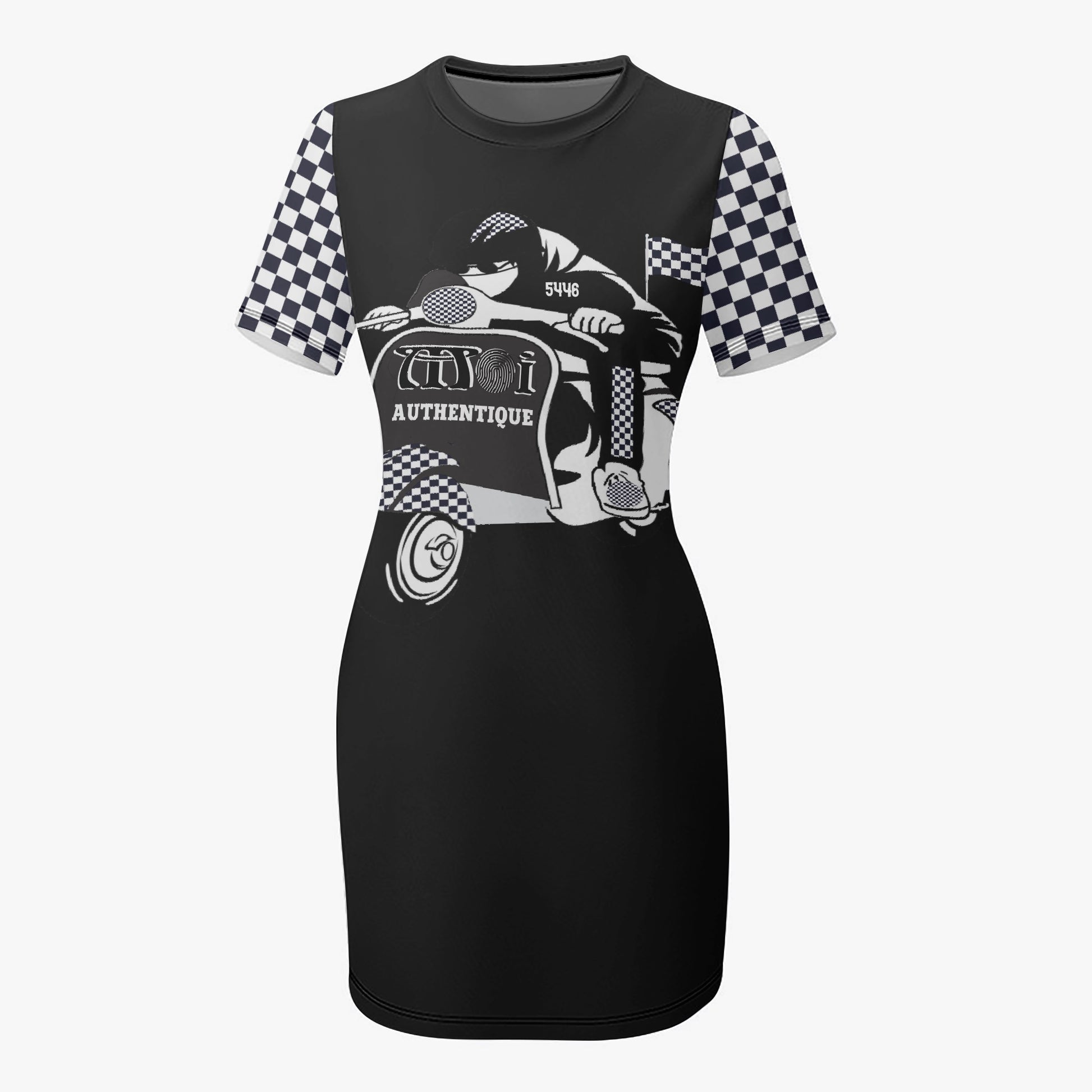 Black dress with graphic design of a scooter and checkered pattern on sleeves against a white background