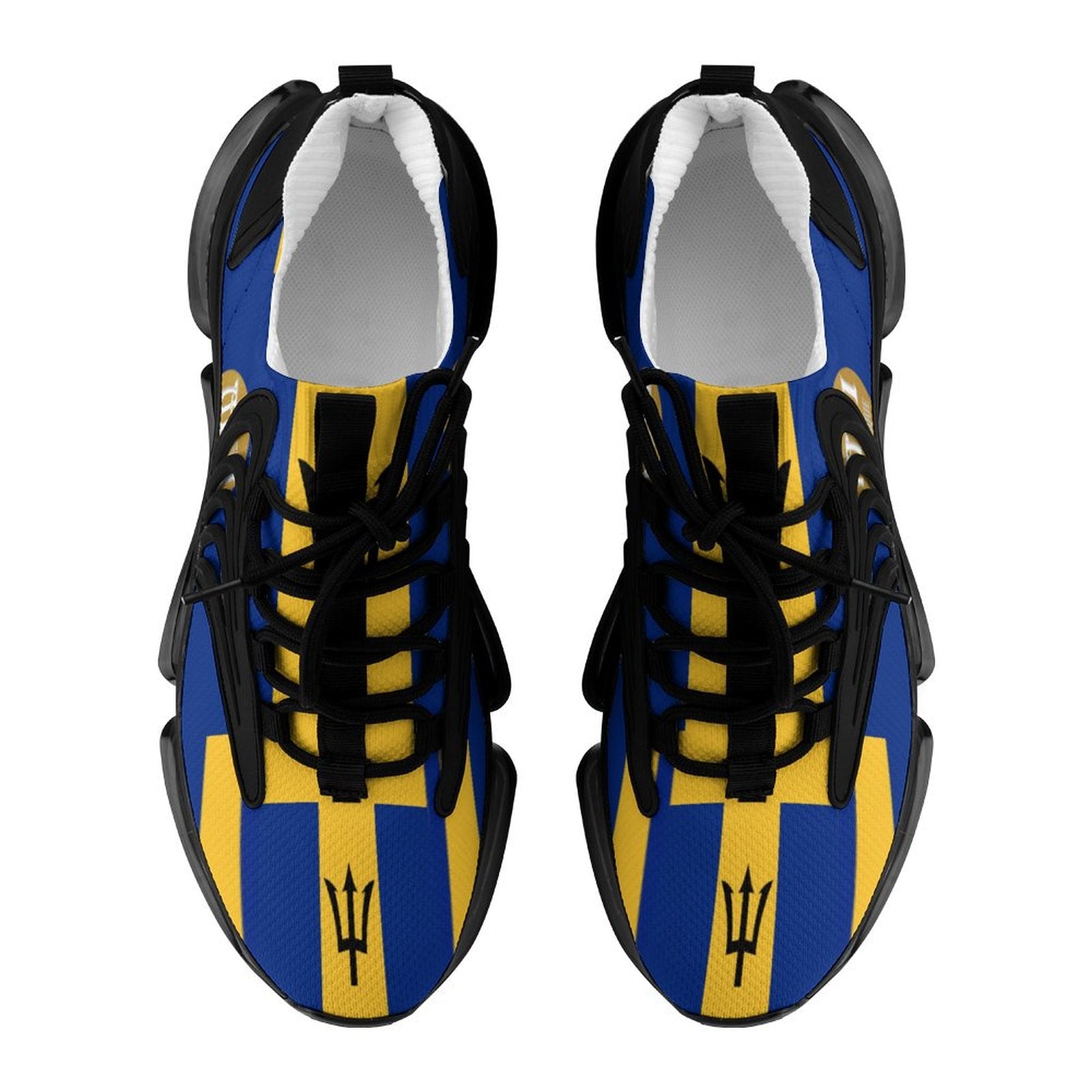 Blue and yellow shoes with a black logo on a white background