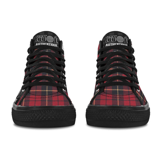 Red plaid high-top sneakers with black accents on a white background