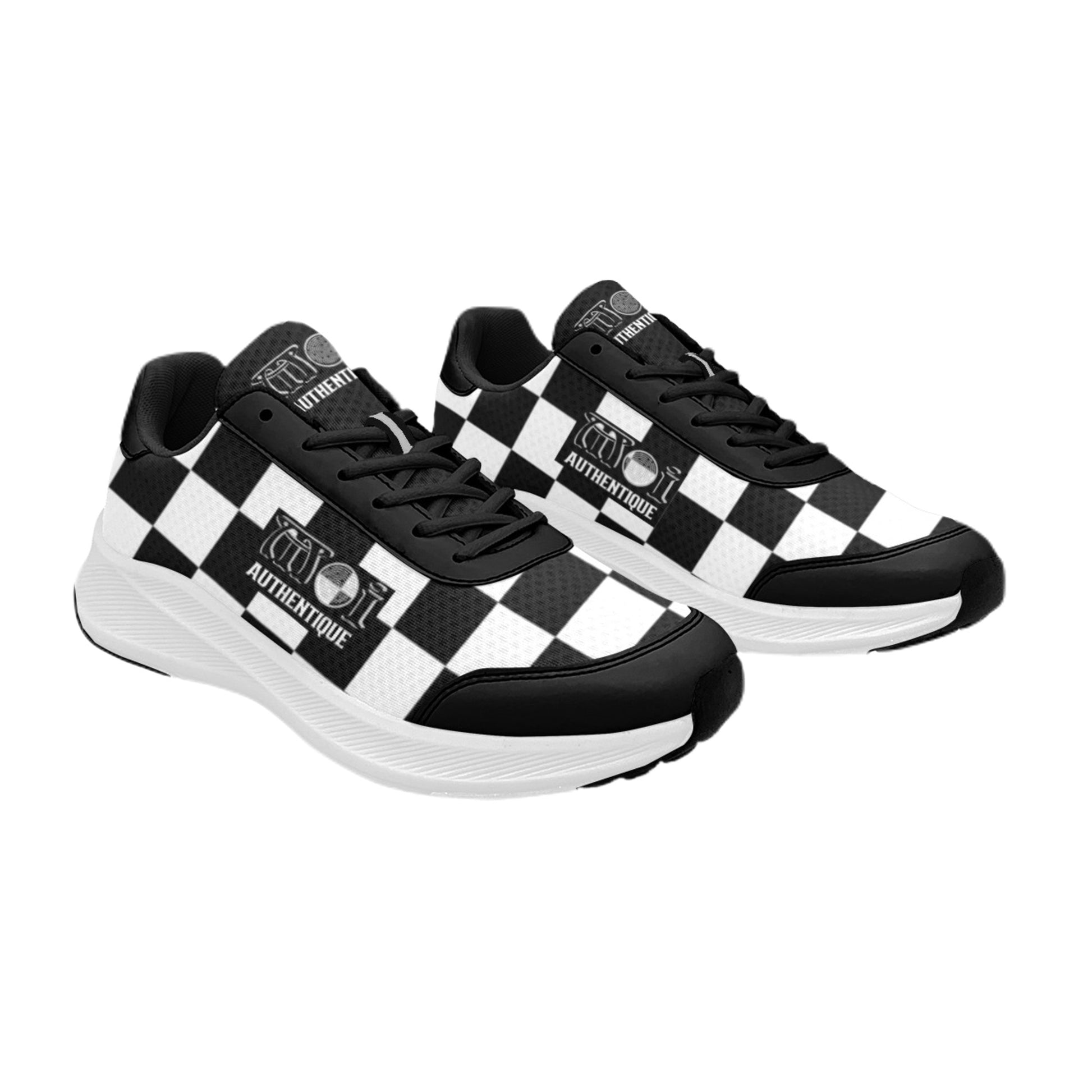 A pair of white Moi Authentique Women's 2-Tone Skanking Sneakers with a black and white checkered design on a white background.