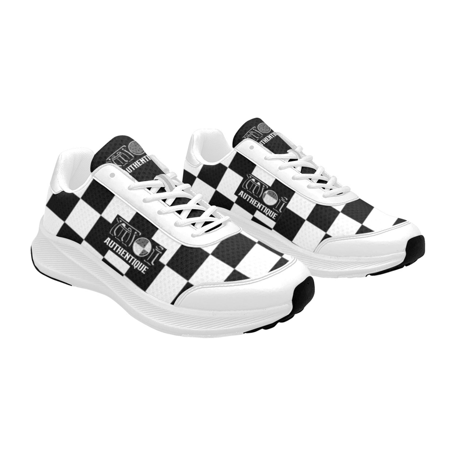 A pair of white Moi Authentique Women's 2-Tone Skanking Sneakers with a black and white checkered design on a white background.