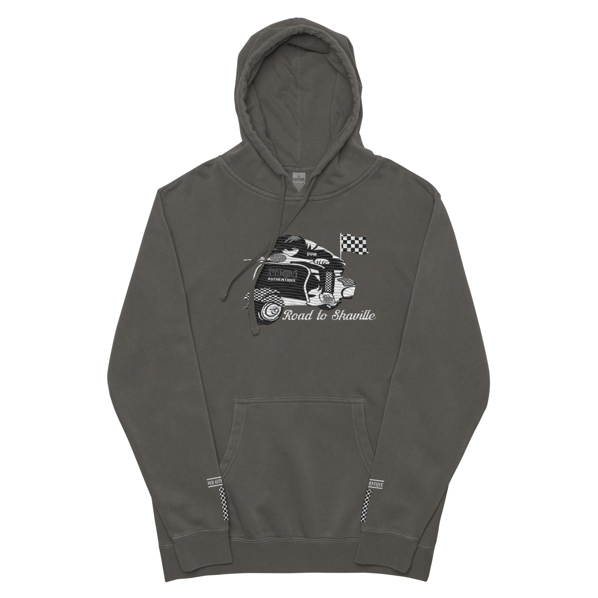 Image showing a grey unisex pigment-dyed hoodie with front and sleeve embroidery, featuring a Lambretta design.