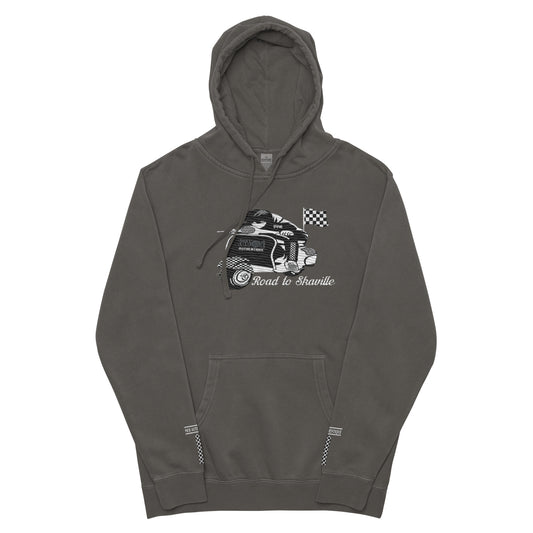 Image showing a grey unisex pigment-dyed hoodie with front and sleeve embroidery, featuring a Lambretta design.