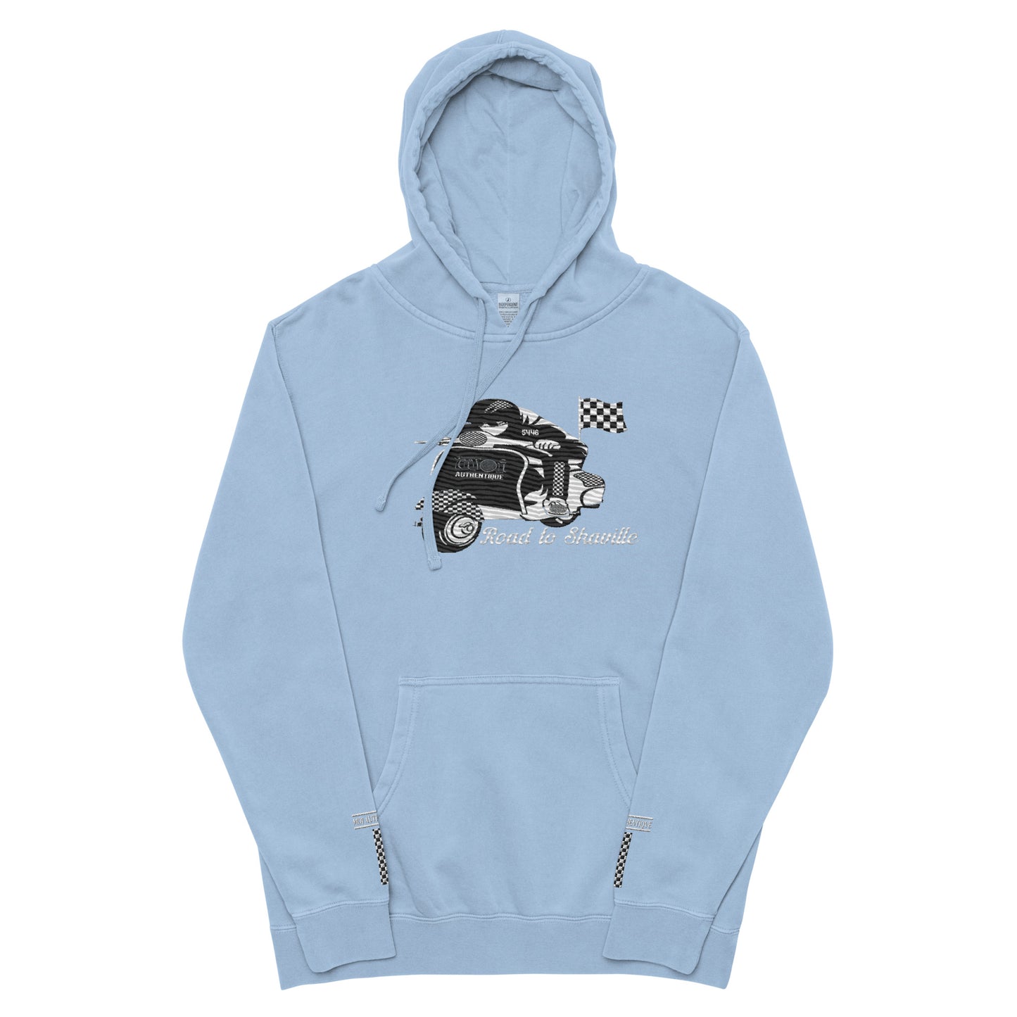 Image showing a light blue unisex pigment-dyed hoodie with front and sleeve embroidery, featuring a Lambretta design.