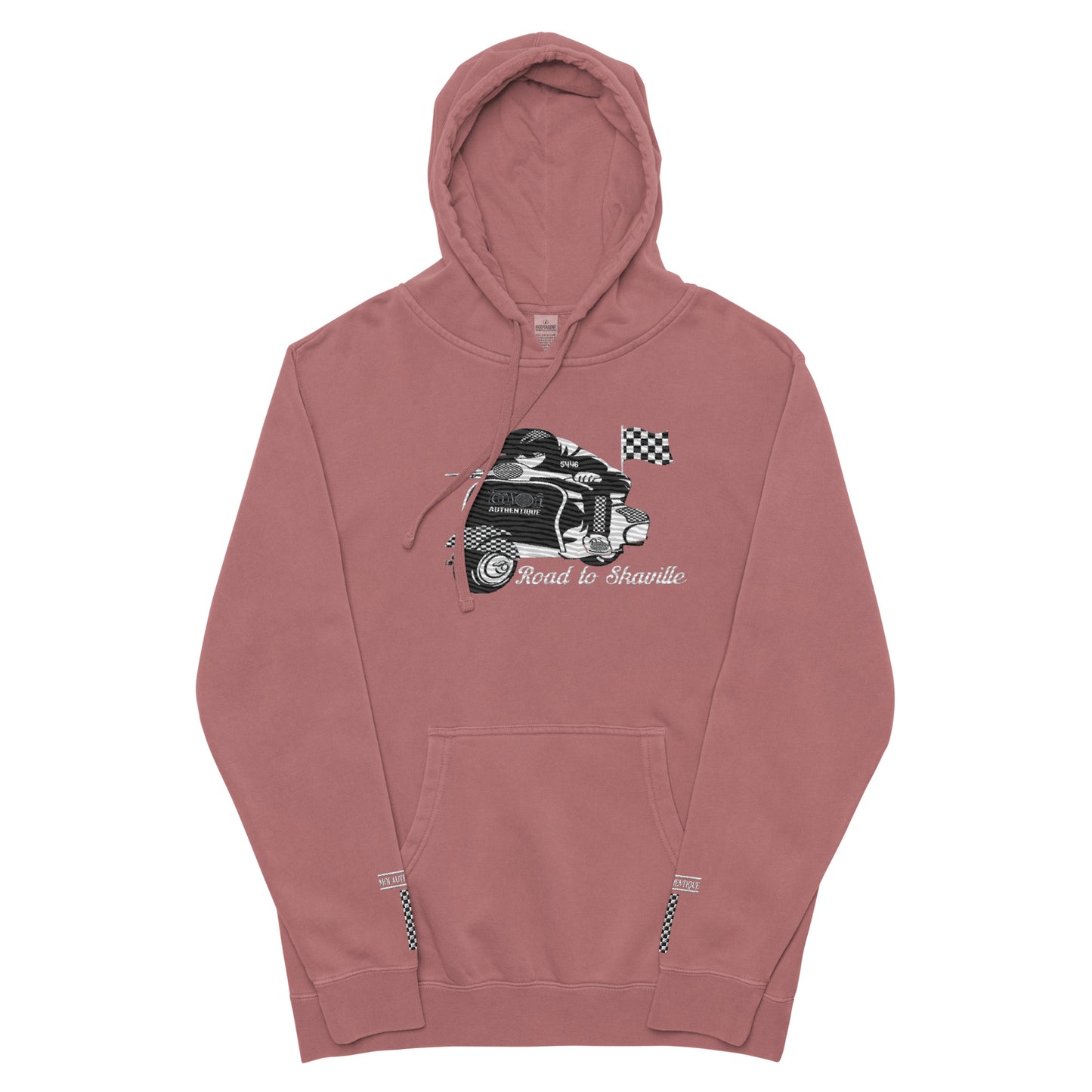 Image showing a maroon unisex pigment-dyed hoodie with front and sleeve embroidery, featuring a Lambretta design.