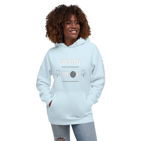 A woman wearing a light blue unisex hoodie with a front pouch pocket and drawstrings, standing against a white background.