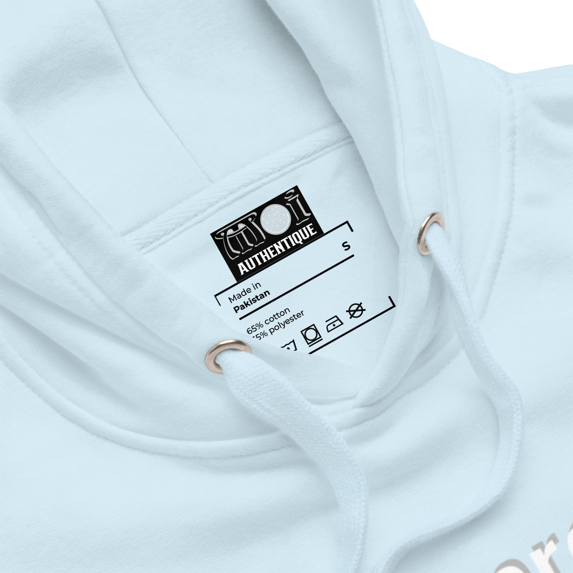 Product details of a light blue hoodie