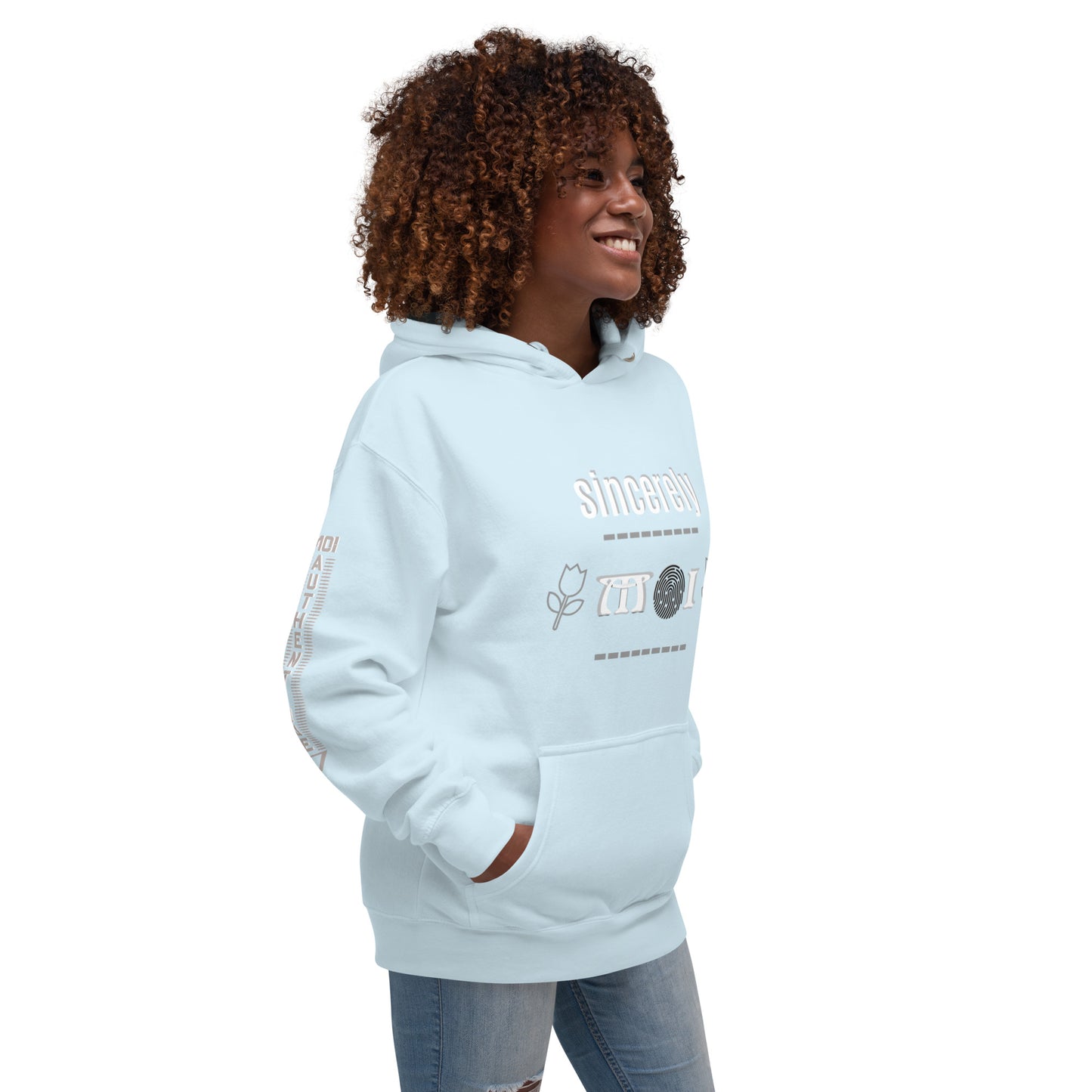 Side view of a woman wearing a light blue unisex hoodie with a front pouch pocket and drawstrings, standing against a white background.