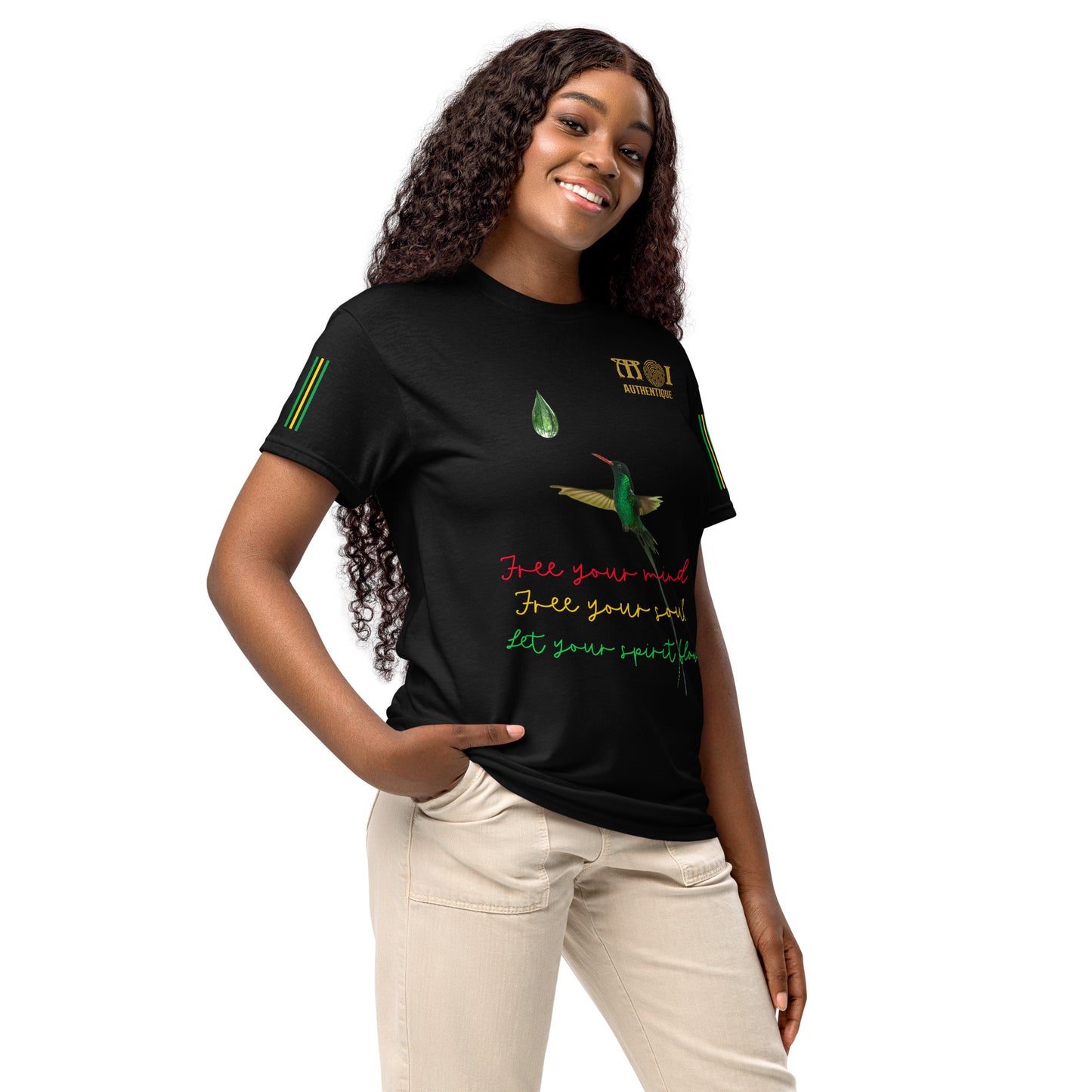 A smiling woman wearing a black t-shirt with colourful writing.