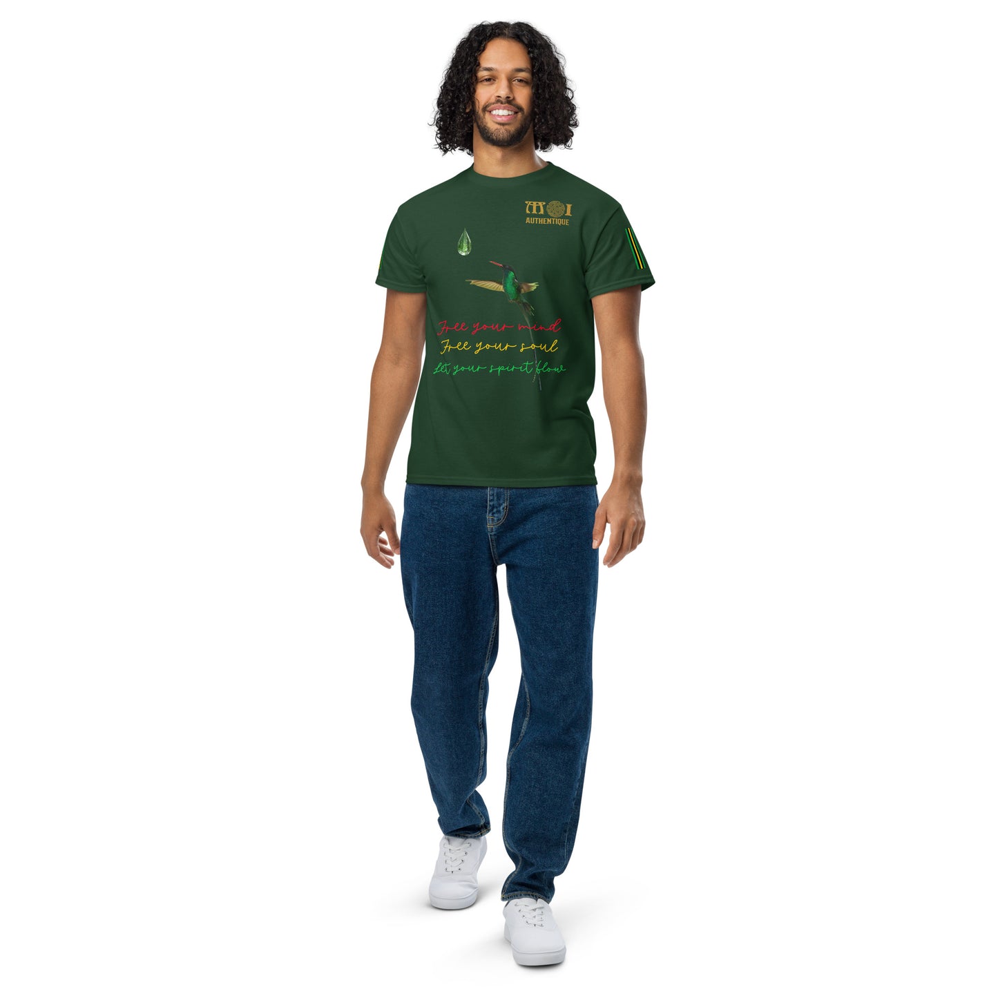 A smiling person with short hair wearing a green Unisex Dry Blend T-Shirt with colourful text and graphics on it.