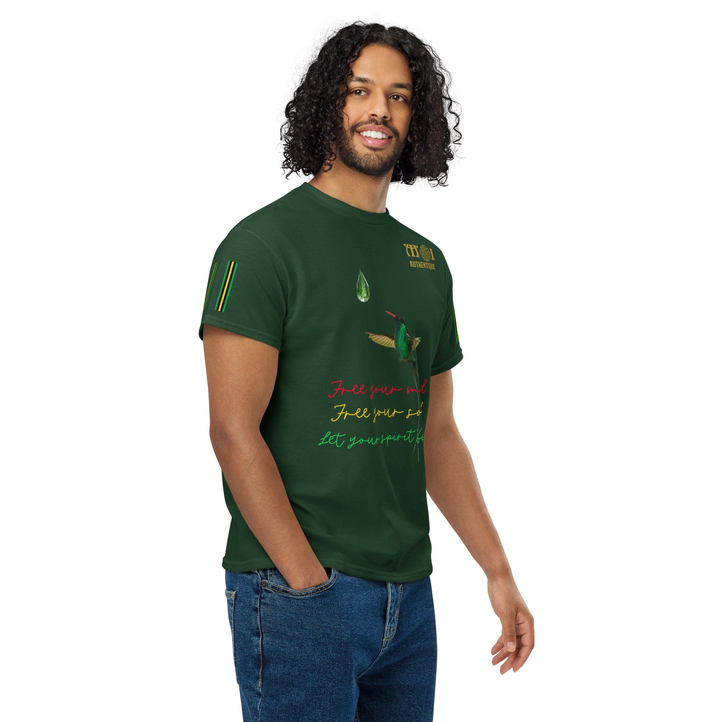 A smiling man with short hair wearing a green Unisex DryBlend T-Shirt with colourful text and graphics on it.
