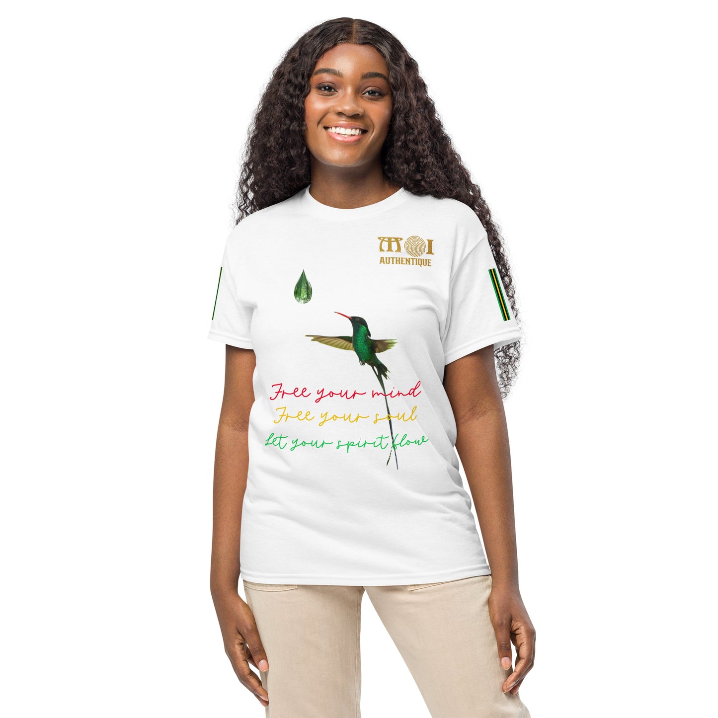 A woman wearing a white Moi Authentique Unisex DryBlend T-Shirt with text and graphics on the front.