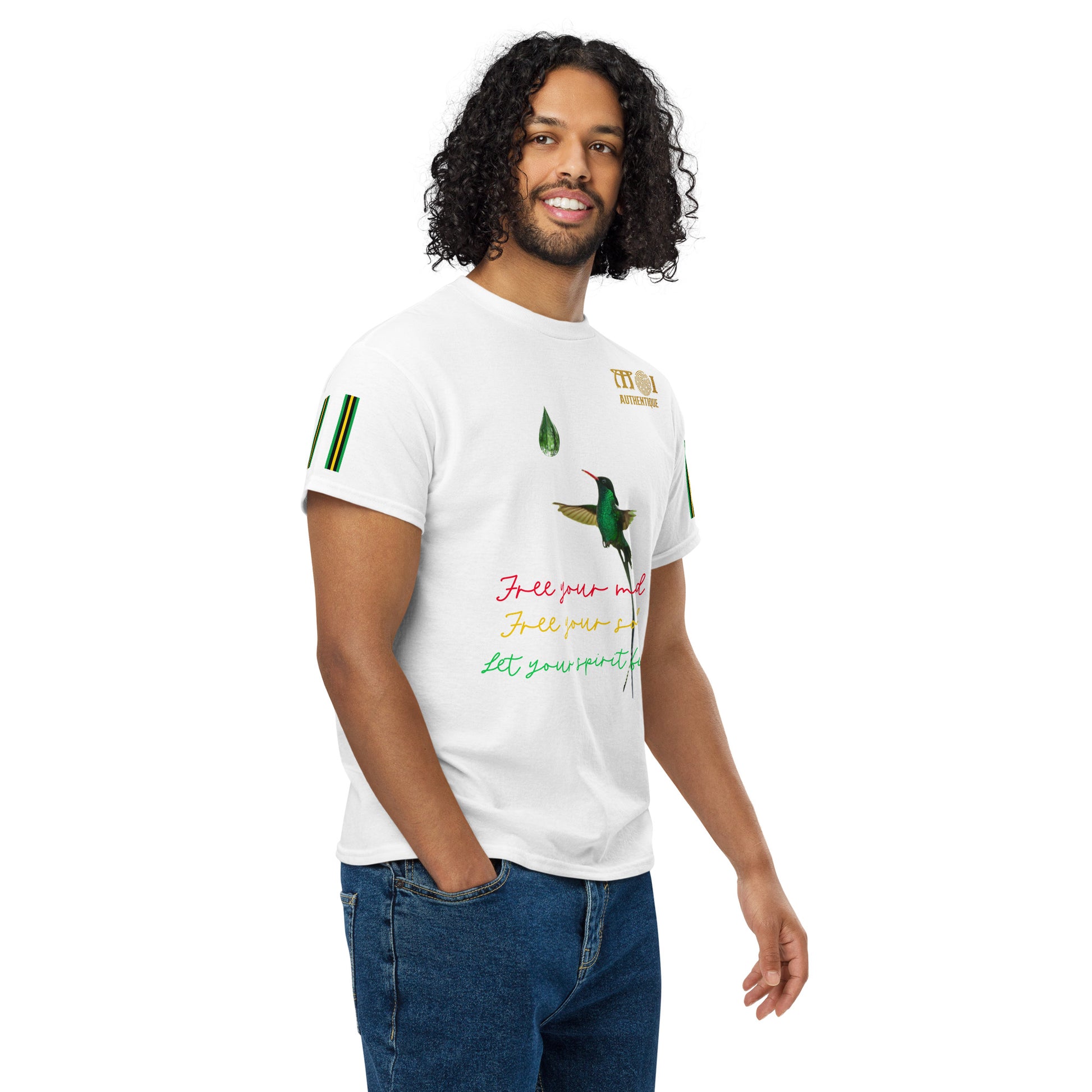 A smiling person with short hair wearing a white Unisex DryBlend T-Shirt with colourful text and graphics on it.